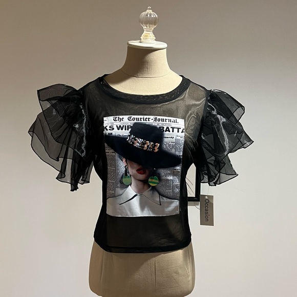 Occasion Tops - Black mesh T-shirt with graphic fashion picture size L